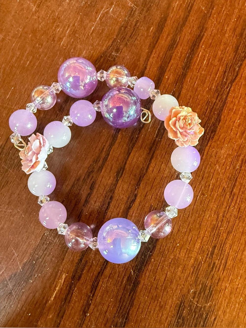 Handmade Lavender Iridescent Beaded Bracelet with Flower Accents
